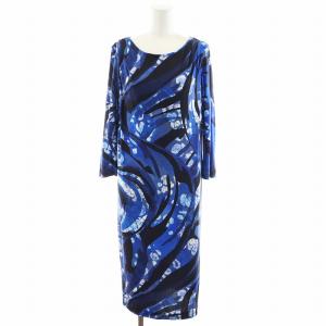ワンピース ミモレ ロング 7分袖 総柄 シルク 絹 F38 M 青 ブルー 黒 ブラック /AN8