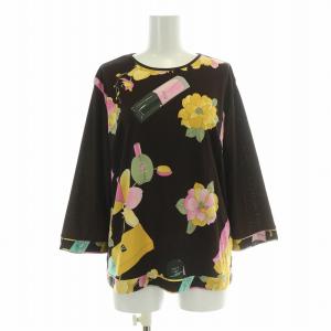 カットソー 七分袖 クルーネック ストレッチ 花柄 42 XL 茶 ブラウン /BB