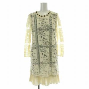 ワンピース ひざ丈 長袖 レース 花柄 シアー シースルー 装飾 36 S アイボリー 黒 ブラック /BB