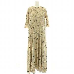 ワンピース ロング ラウンドネック 七分袖 花柄 1 S ベージュ 黒 ブラック /YT