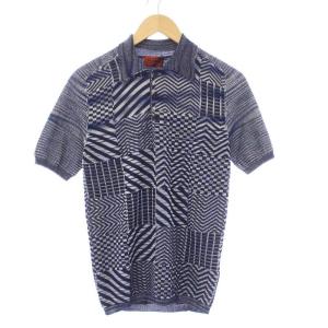 タグ付き ニットポロシャツ 半袖 総柄 コットン 46 S 紺 ネイビー /KH
