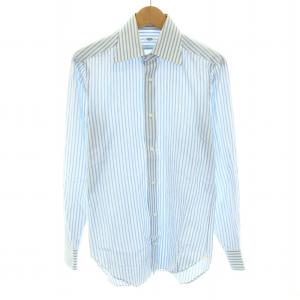 シャツ ワイドカラー 長袖 ストライプ柄 コットン 38 S 白 ホワイト 水色 ライトブルー /YT