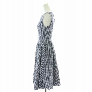 FOXEY NEW YORK フレアワンピース ギャザー ひざ丈 ノースリーブ クルーネック ギンガムチェック F 紺 ネイビー 白 ホワイト