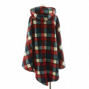 Columbia ポンチョ ケープ マント フーディー チェック フード ジップアップ ロゴ刺繍 L 青 ブルー 赤 レッド