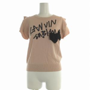 ニット カットソー 半袖 クルーネック フリル袖 リボン ストーン装飾 38 ピンクベージュ /EA