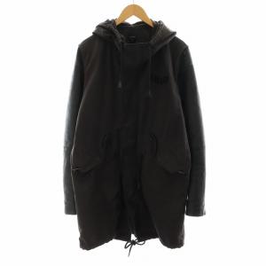モッズコート ロング丈 フード 切替 コットン レザー アウター L 緑 グリーン 茶 ブラウン /AN14