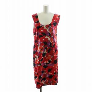 ノースリーブワンピース ひざ丈 Iライン Uネック 総柄 バックオープン 42 L 赤 レッド /NQ