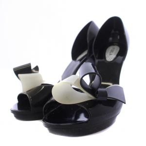 FURLA パンプス ハイヒール オープントゥ リボン エナメル 38 24.5cm 黒 ブラック Y556 /BM