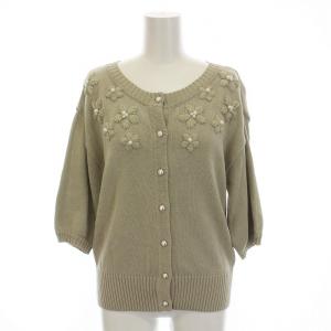 ニット カーディガン パール 刺繍 七分袖 36 S ライトカーキ 薄緑 /YM