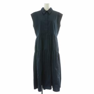 フレアワンピース ギャザー ミモレ ロング ノースリーブ 無地 F 紺 ネイビー