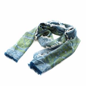 ストール フリンジ 総柄 青 ブルー 緑 グリーン