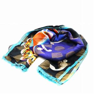 ストール フリンジ 総柄 シルク混 絹 マルチカラー 水色 ライトブルー ゴールド色 黒 ブラック 青 ブルー