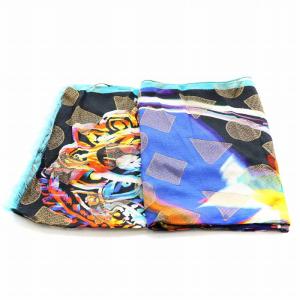 ETRO ストール フリンジ 総柄 シルク混 絹 マルチカラー 水色 ライトブルー ゴールド色 黒 ブラック 青 ブルー