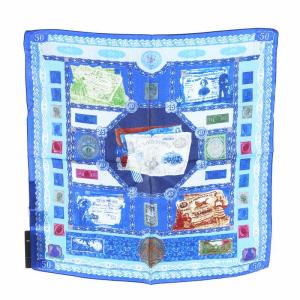 スカーフ ポケットチーフ 紙幣柄 シルク 絹 青 ブルー /AN8
