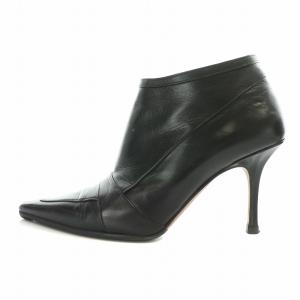 ブーティー ショートブーツ ポインテッドトゥ ハイヒール レザー 36.5 23.5cm 黒 ブラック