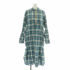 シャツワンピース 長袖 ひざ丈 レギュラーカラー ハーフジップ チェック柄 総柄 XS 青 ブルー /BB