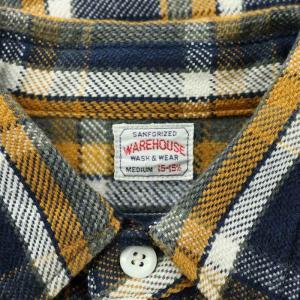 WAREHOUSE フランネルシャツ チェック柄 M ネイビー イエロー