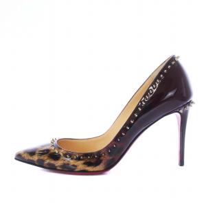 Christian Louboutin ANJALINA85 パンプス ポインテッドトゥ ピンヒール ハイヒール スタッズ ヒョウ柄 レオパード 切替 エナメル 37