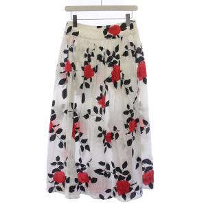 フレアスカート ギャザー ミモレ ロング バラ柄 薔薇柄 総柄 36 S 白 ホワイト 黒 ブラック 赤 レッド