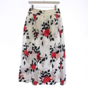 agnes b. フレアスカート ギャザー ミモレ ロング バラ柄 薔薇柄 総柄 36 S 白 ホワイト 黒 ブラック 赤 レッド