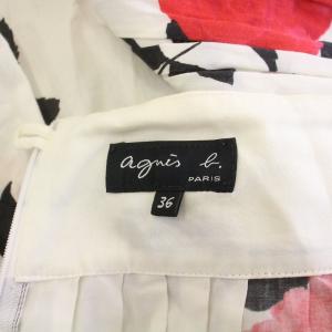 agnes b. フレアスカート ギャザー ミモレ ロング バラ柄 薔薇柄 総柄 36 S 白 ホワイト 黒 ブラック 赤 レッド