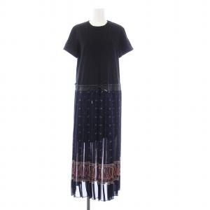 ドッキングワンピース 半袖 ロング プリーツ 切替 ペイズリー 2 M 黒 紺 ブラック ネイビー 20-05184