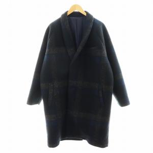 スポンジボンディングショールカラーコート ロング丈 チェック柄 アウター F グレー 紺 ネイビー 黒