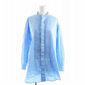 コットンノーカラーピンタックビッグタックアップシャツ ブラウス 長袖 XS 水色 ライトブルー L221OSFSH0201BO