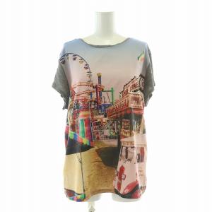 カットソー ストレッチ クルーネック 半袖 プリント 遊園地 XL グレー マルチカラー /BB