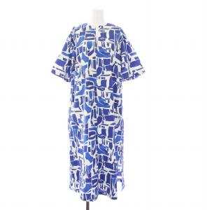 ワンピース ロング 半袖 スキッパー 総柄 コットン 2 M 青 白 ブルー ホワイト /KH