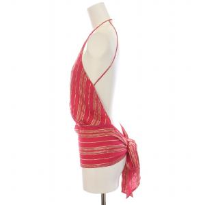 CELINE ノースリーブ カットソー 背中あき ストライプ シルク 38 M ピンク ゴールド