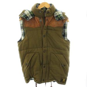 ベスト ジレ レザー 切替 チェック フード S/P カーキ