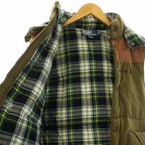 POLO RALPH LAUREN ベスト ジレ レザー 切替 チェック フード S/P カーキ