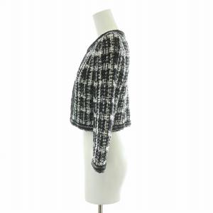 FOXEY NEW YORK COLLECTION ノーカラージャケット アウター ショート丈 ツイード チェック柄 麻 リネン混 38 S 黒 ブラック