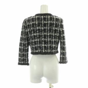 FOXEY NEW YORK COLLECTION ノーカラージャケット アウター ショート丈 ツイード チェック柄 麻 リネン混 38 S 黒 ブラック