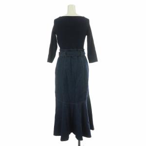 Diagram フレアワンピース ミモレ ロング リブニット デニム 切替 スクエアネック ベルト 36 S 紺 ネイビー