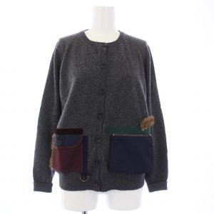 ニットカーディガン 長袖 クルーネック ウール ナイロンポケット ラビットファー S グレー 53460199