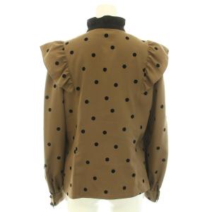 M'S GRACY シャツ ブラウス バンドカラー 長袖 フロッキードット ドット柄 リボンブローチ フリル タグ付き 38 M 茶 ブラウン