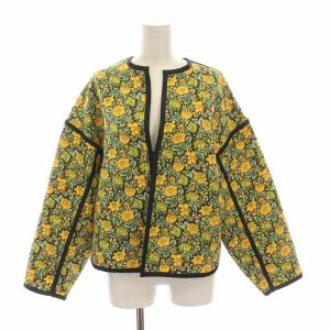 SOULEIADO 23AW ポリエステルプリント ノーカラージャケット 花柄 36 S 黄色 イエロー 緑 グリーン 黒