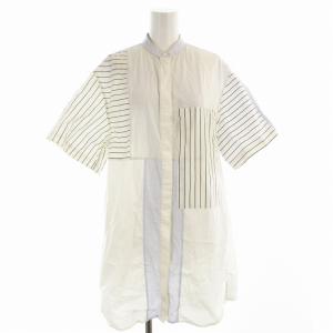 シャツ ブラウス チュニック 半袖 ストライプ ボーダー スタンドカラー 半袖 2 M 白 ホワイト /EE