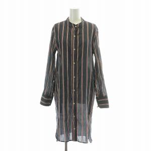 シャツワンピース ミモレ ロング 長袖 バンドカラー ストライプ柄 麻 リネン混 シルク混 34 XXS
