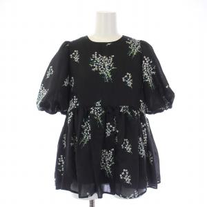 21SS カスミソウ刺繍ブラウス シャツ 半袖 パフスリーブ 刺繍 0 XS 黒 ブラック 21H606