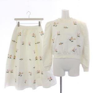 21AW セットアップ 上下 カットソー 長袖 フレアスカート ロング 花刺繍 0 XS 1 S 白 ホワイト