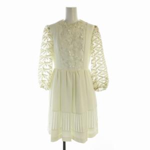 フレアワンピース ひざ丈 花モチーフ シアー シースルー 七分袖 0 S 白 ホワイト 金色