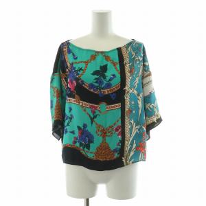 パッチワークスカーフトップ シャツ ブラウス 半袖 スカーフ柄 プルオーバー 36 S 緑 グリーン 39341240