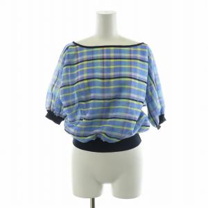 カットソー シアー 半袖 チェック バックVネック シースルー 36 S 青 ブルー /NQ