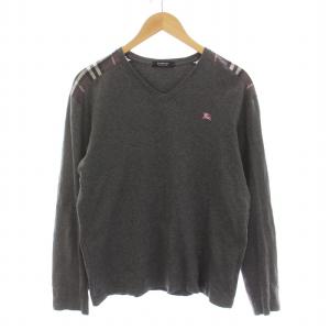 Tシャツ カットソー ロンT Vネック チェック ロゴ刺繍 長袖 3 L グレー