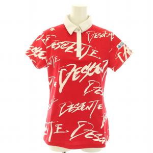 ゴルフ GOLF ゴルフウェア ポロシャツ 半袖 ハーフボタン ロゴプリント 総柄 L 赤 レッド 白 ホワイト