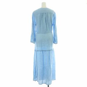 23区 LIBECO シャツワンピース ギャザー マキシ ロング 長袖 Vネック 麻 リネン 40 L 水色 ライトブルー