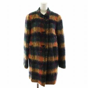 ノーカラーコート ロング丈 モヘヤ アウター 38 M マルチカラー 赤 レッド 黄 イエロー 緑 グリーン